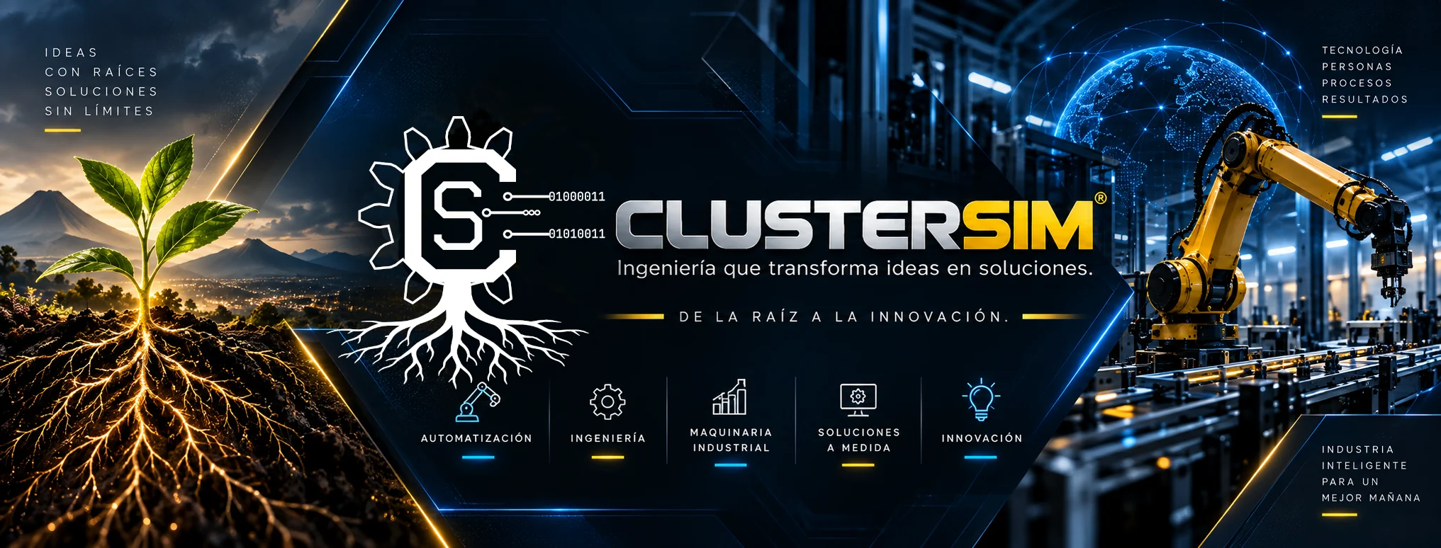 Clustersim: Ingeniería que transforma ideas en soluciones. De la raíz a la innovación. Raíces, tecnología y automatización industrial.